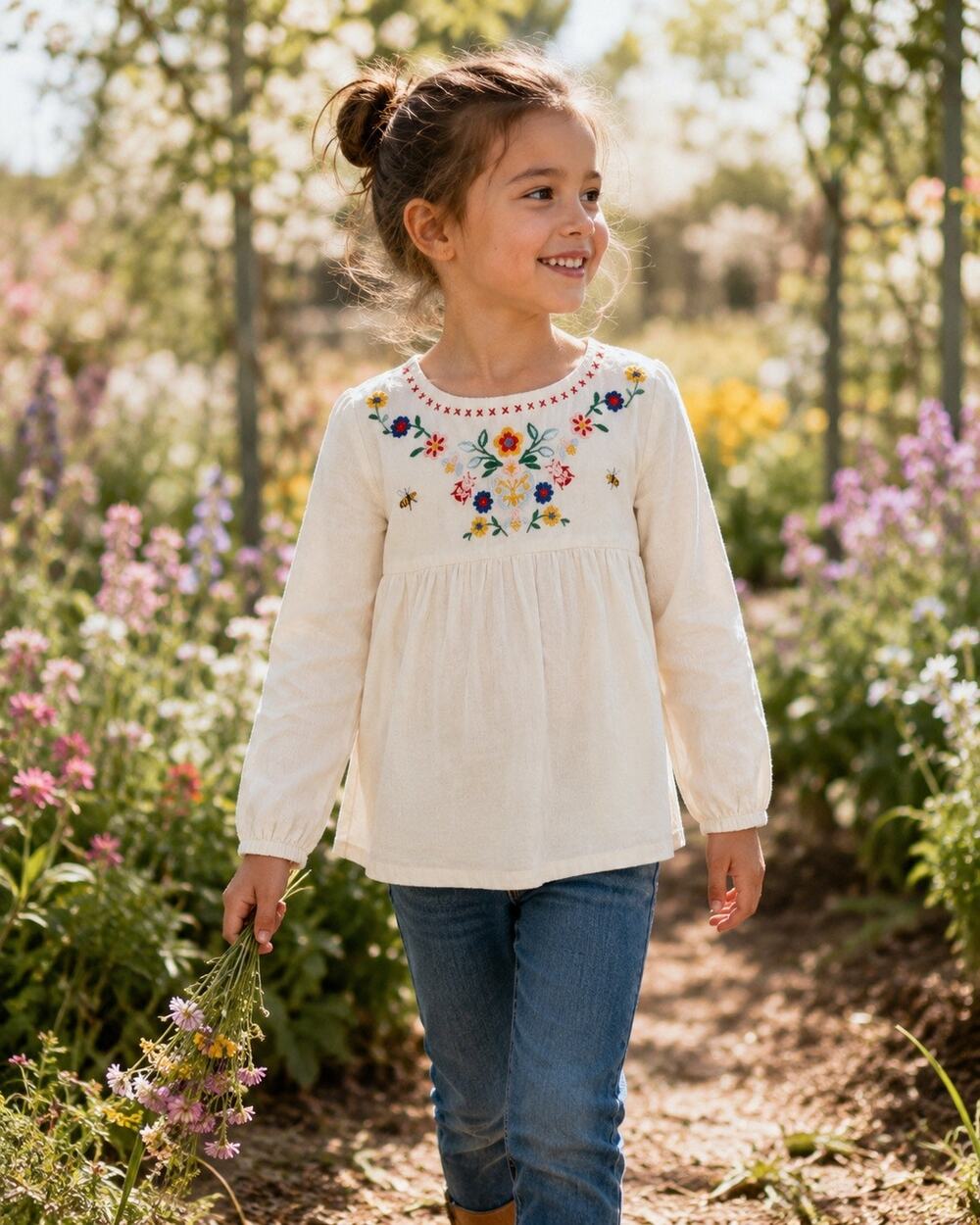 Boden Embroidered Floral Top Girls Size 5-6 Boho long sleeve top